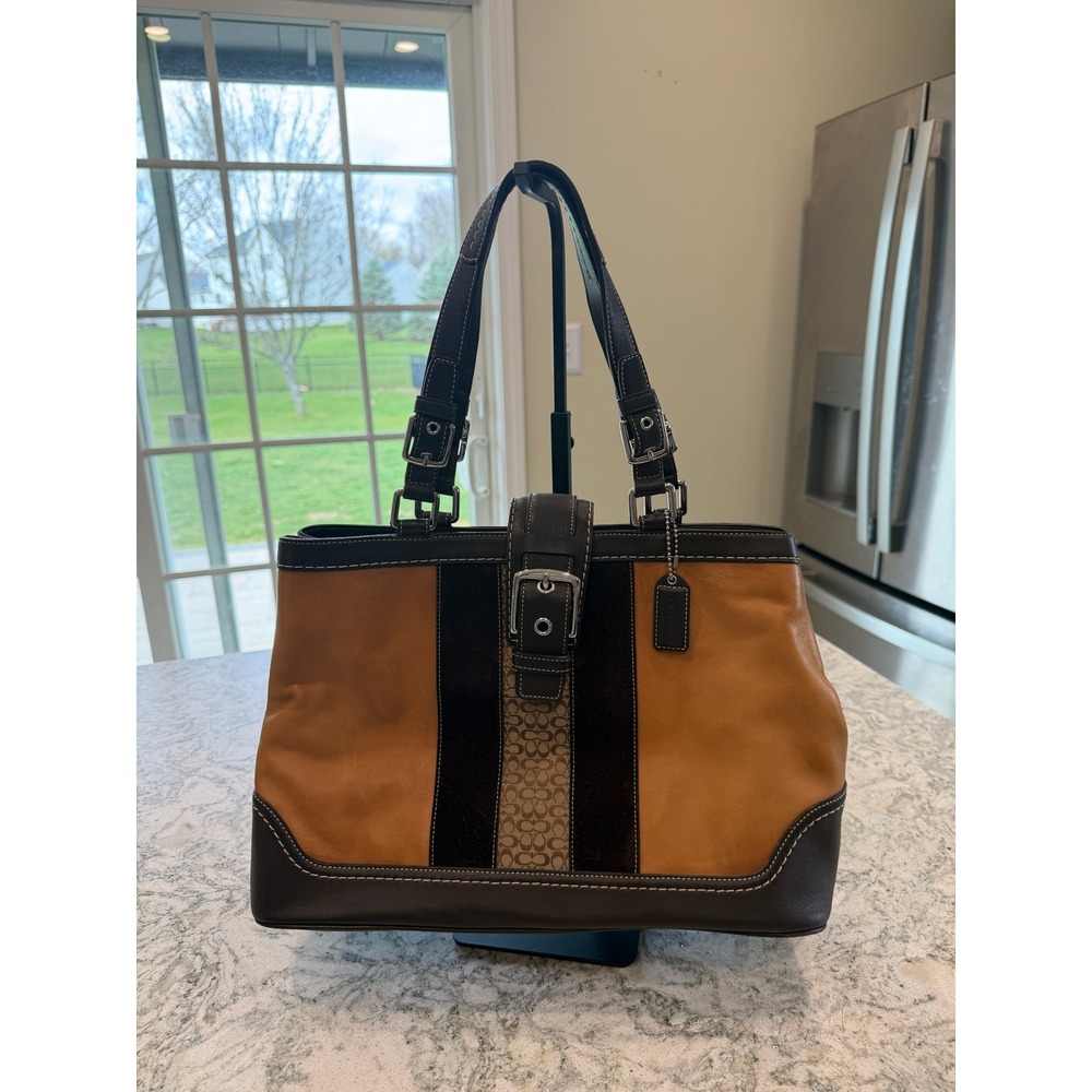 Coach Hampton Stripe Leather Tote Bag and Matching Wallet Brown Tan F11346